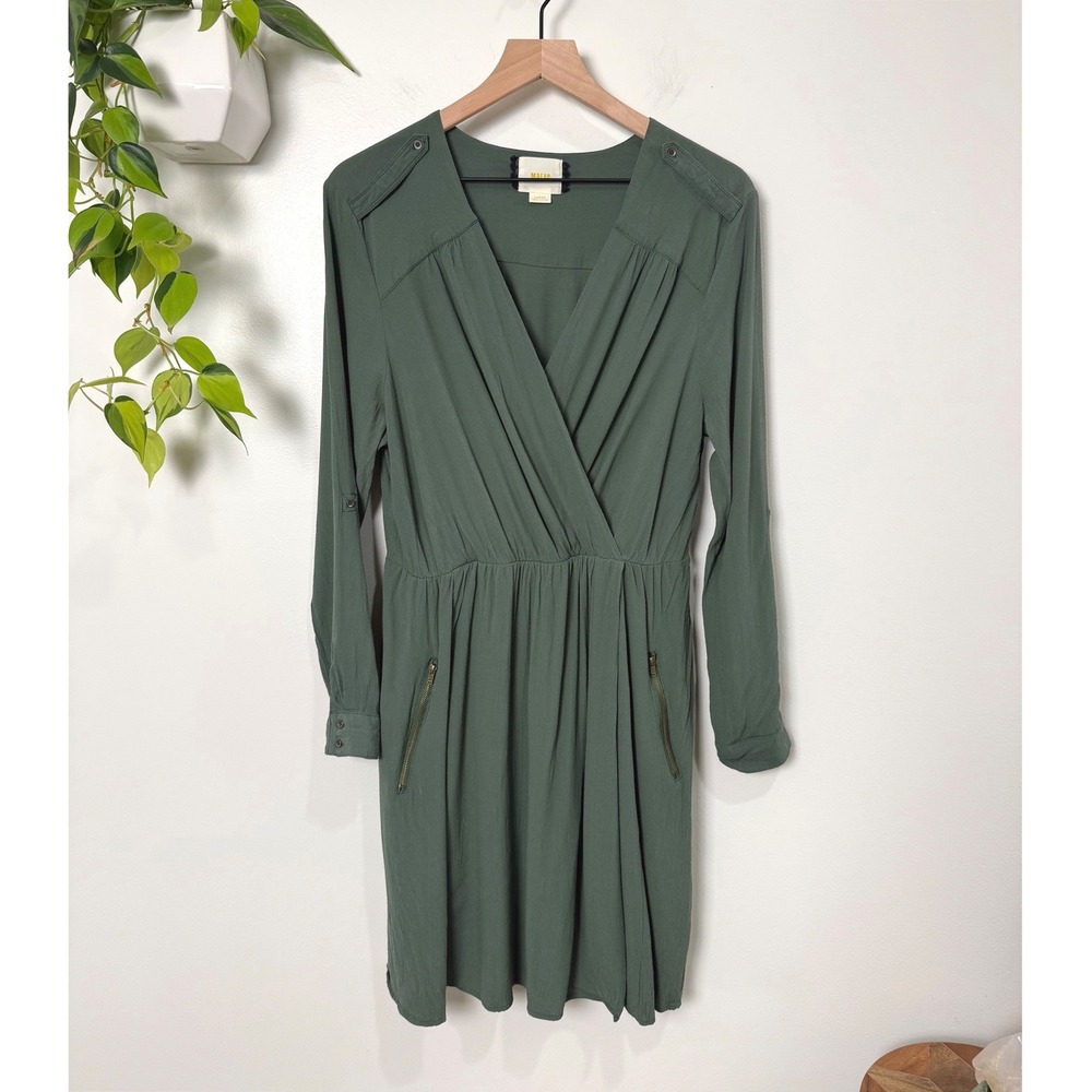 Maeve Anthropologie Lene Moss Green Faux Wrap Dress Zipper L Utility Boho